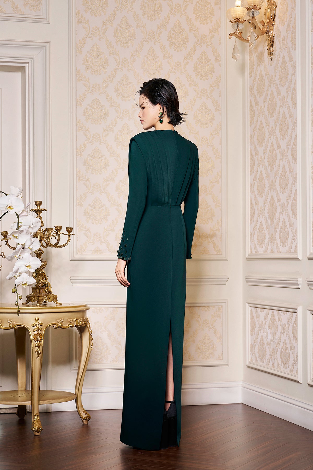 Long Sleeves Pleated Shoulder Gown