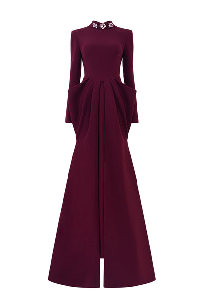 De-Constructed Collar With Draped Waist Scuba Gown