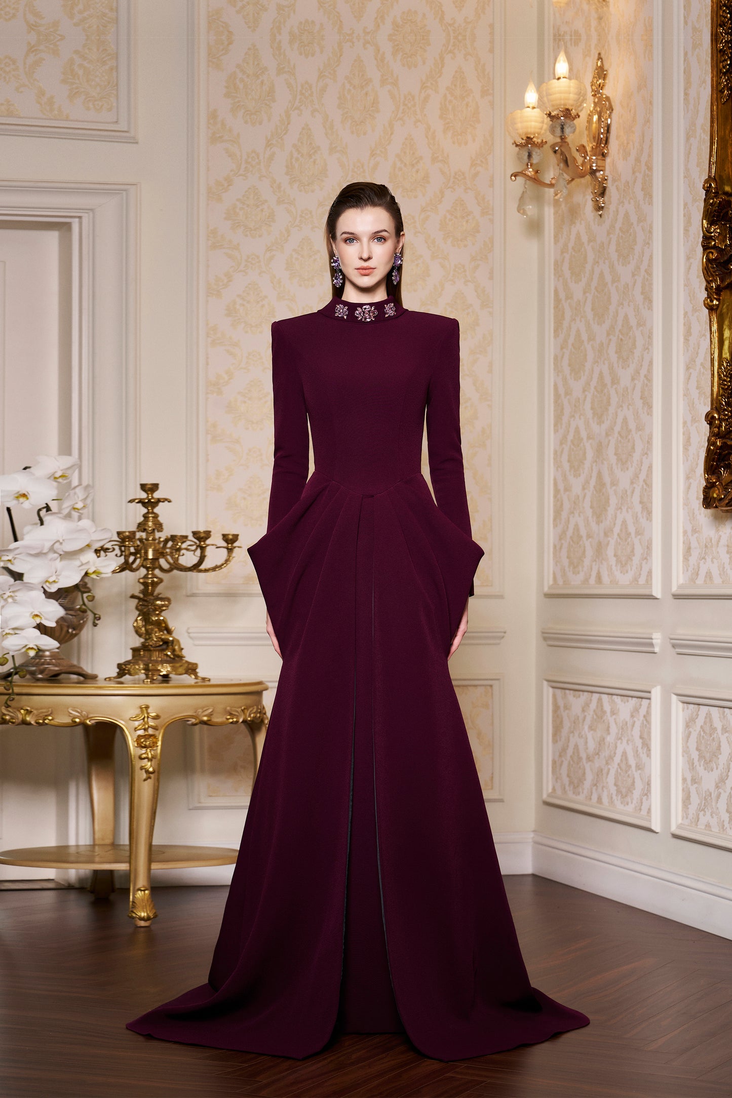 De-Constructed Collar With Draped Waist Scuba Gown