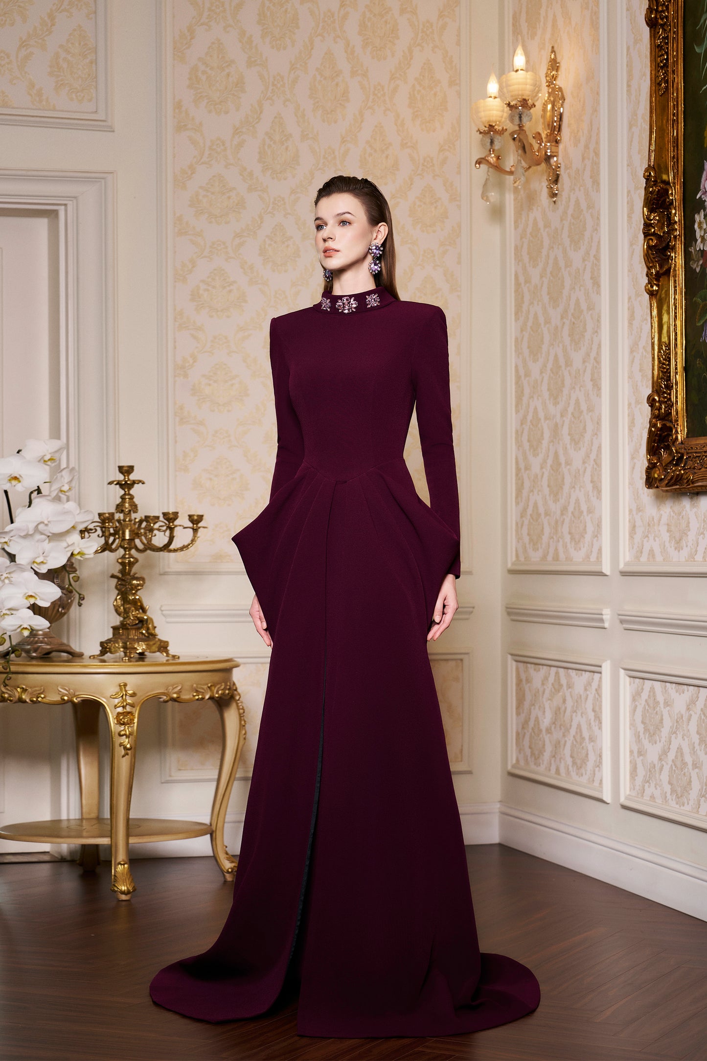 De-Constructed Collar With Draped Waist Scuba Gown