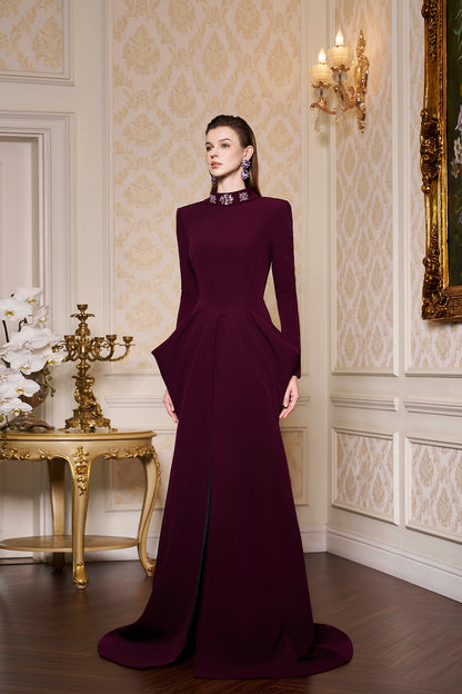 De-Constructed Collar With Draped Waist Velvet Crepe Gown