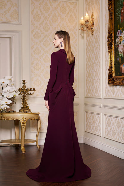 De-Constructed Collar With Draped Waist Velvet Crepe Gown