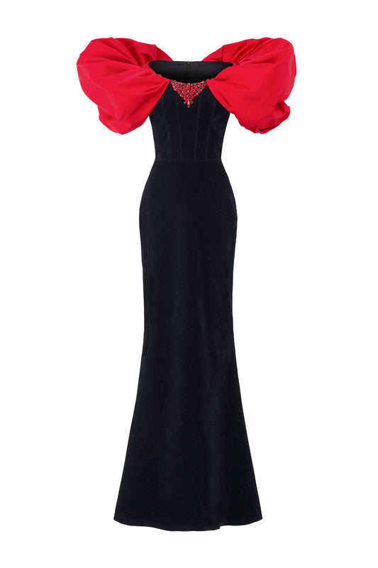 Strapless Black Velvet Gown With Draped Shoulder Details