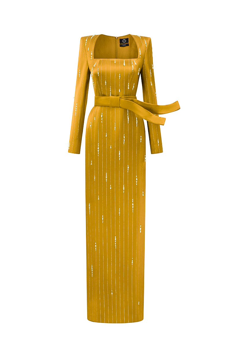 Trapeze Neck Column Gown With Belt Resembling A Wind-Blown Train In Yellow Metallic Striped Silk
