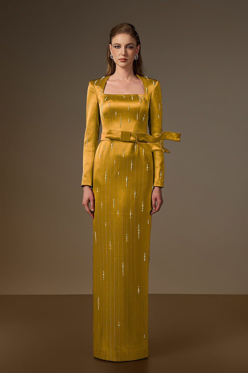Trapeze Neck Column Gown With Belt Resembling A Wind-Blown Train In Yellow Metallic Striped Silk