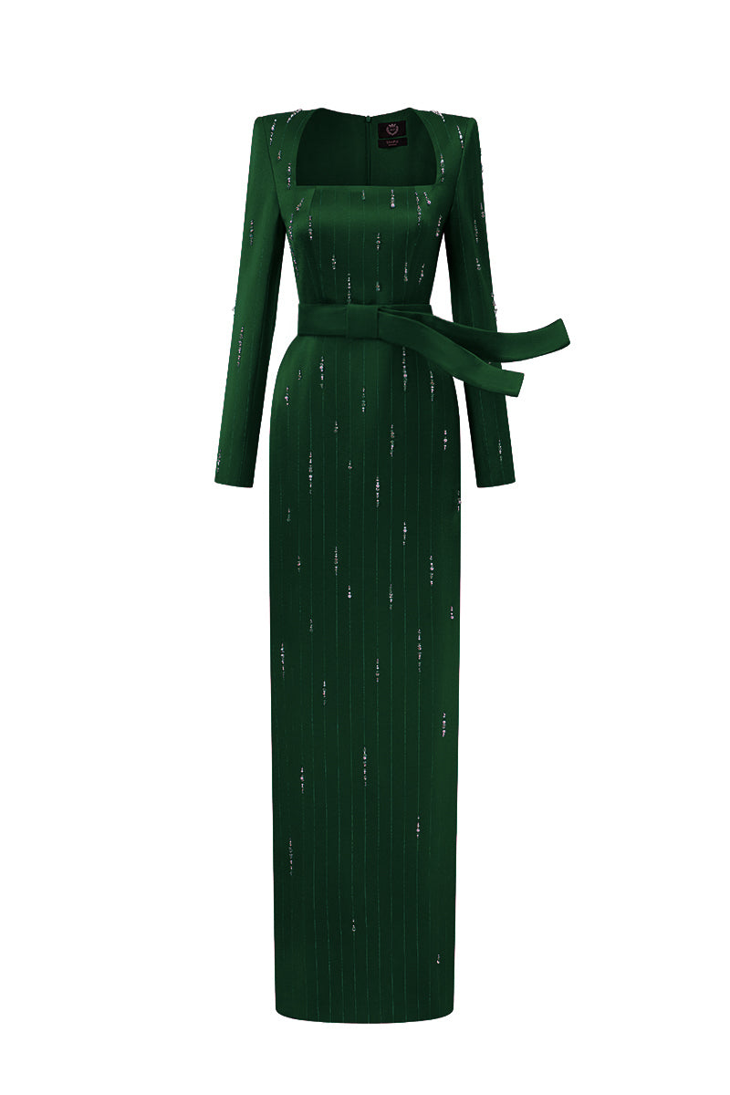 Trapeze Neck Column Gown With Belt Resembling A Wind-Blown Train In Dark Green Metallic Striped Silk