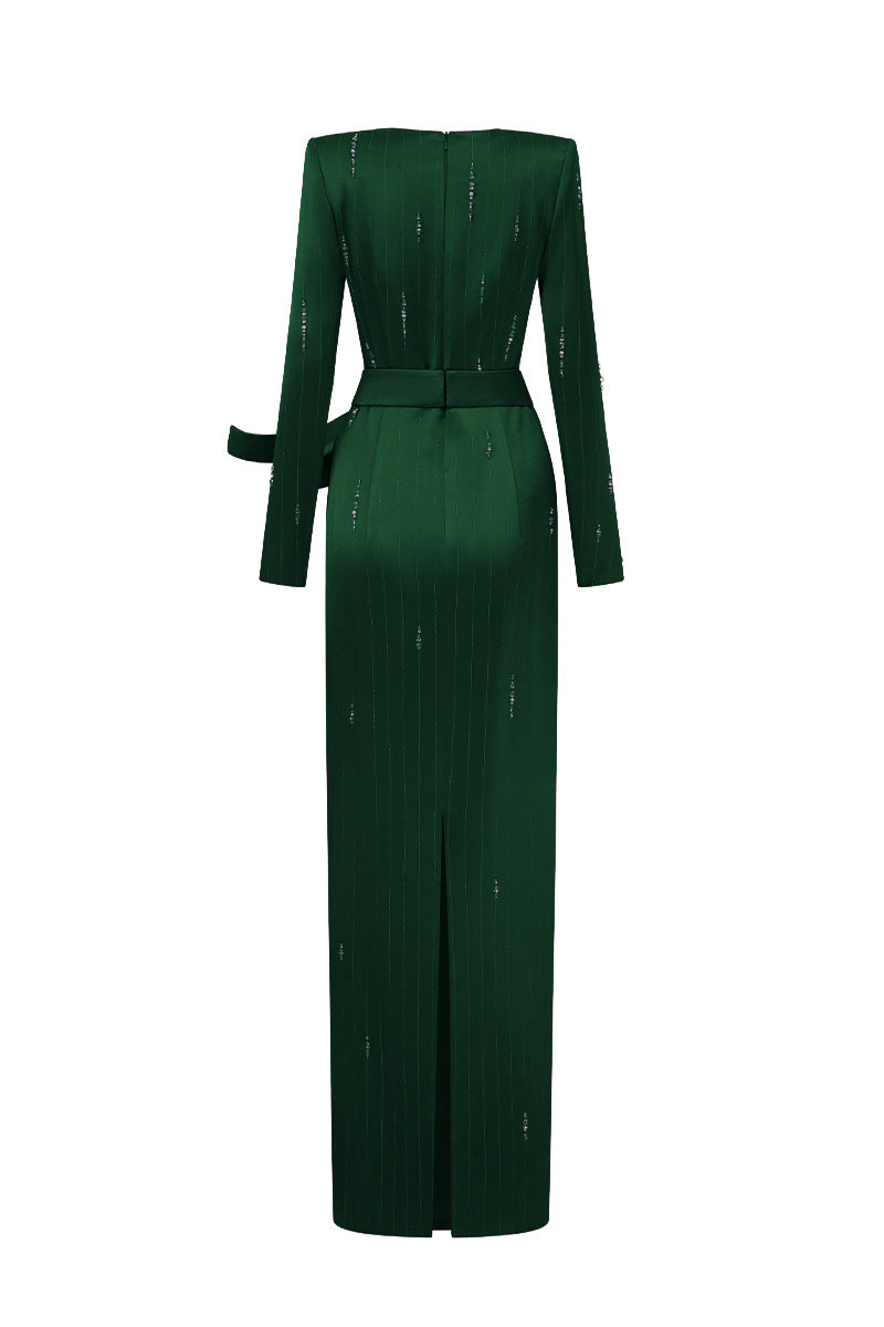 Trapeze Neck Column Gown With Belt Resembling A Wind-Blown Train In Dark Green Metallic Striped Silk