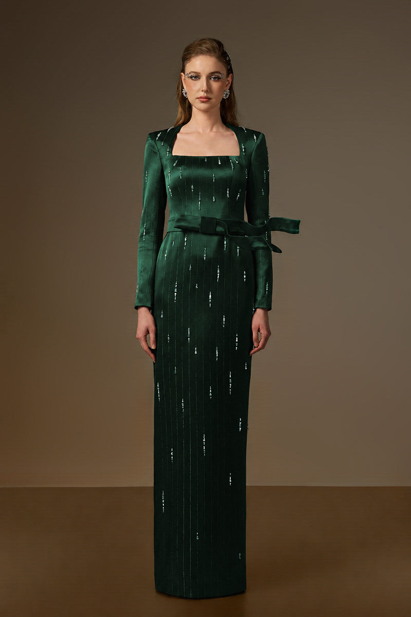 Trapeze Neck Column Gown With Belt Resembling A Wind-Blown Train In Dark Green Metallic Striped Silk