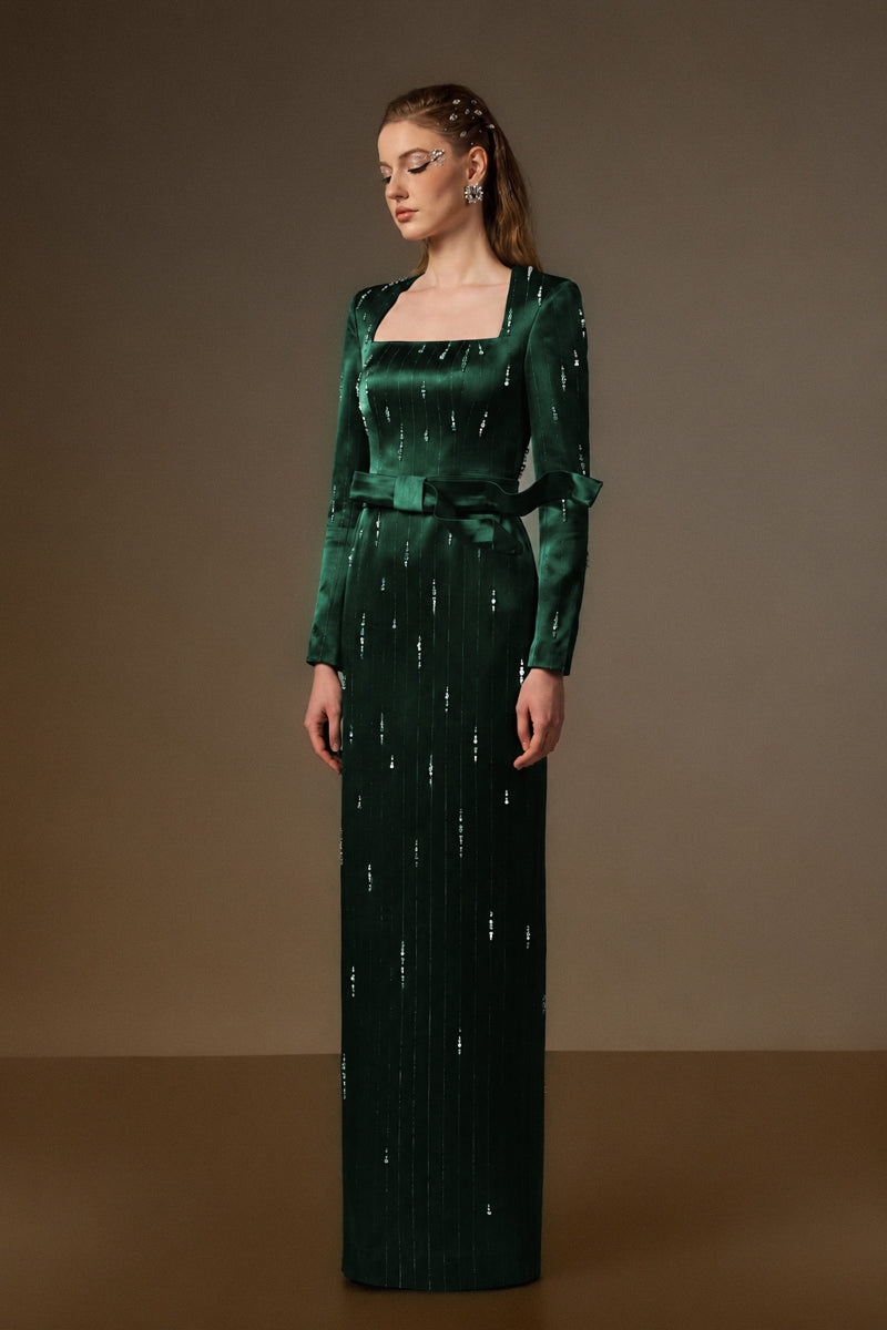 Trapeze Neck Column Gown With Belt Resembling A Wind-Blown Train In Dark Green Metallic Striped Silk