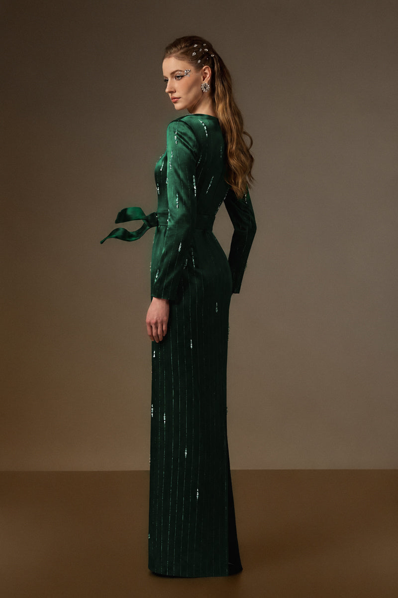 Trapeze Neck Column Gown With Belt Resembling A Wind-Blown Train In Dark Green Metallic Striped Silk