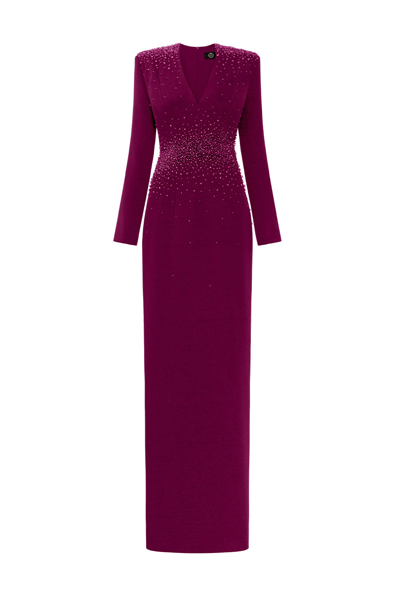 V-Neck Column Gown With Long Sleeves