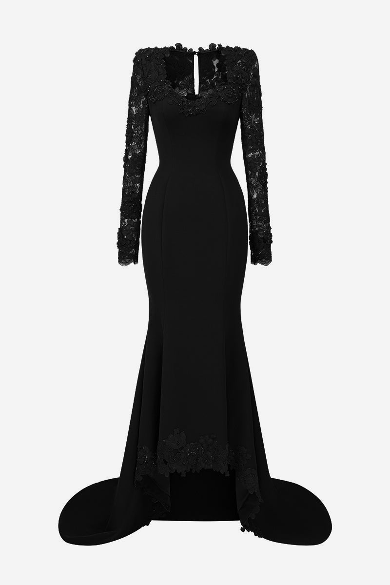 Trapeze Neck Mermaid Gown With Mullet Details In Black Crepe And Floral Garden Mesh Lace