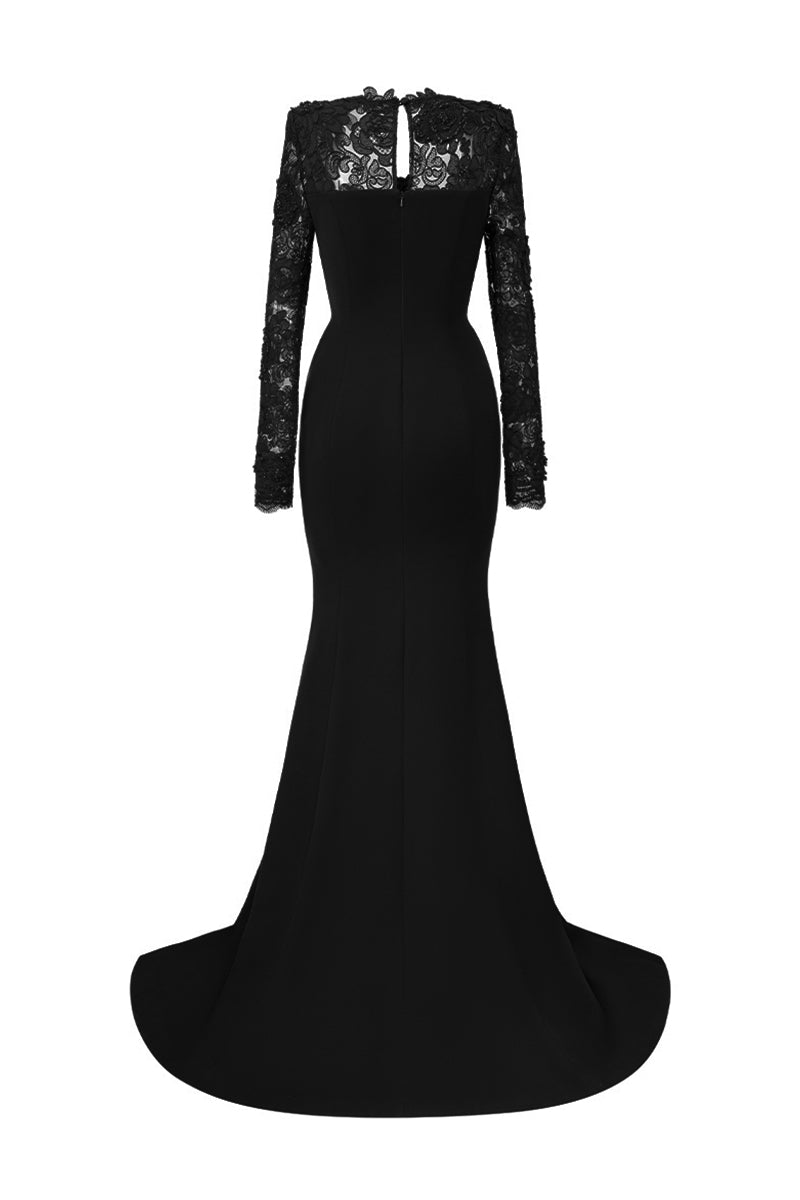 Trapeze Neck Mermaid Gown With Mullet Details In Black Crepe And Floral Garden Mesh Lace