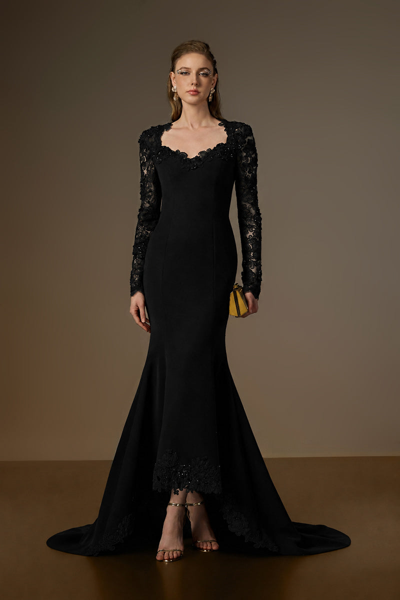 Trapeze Neck Mermaid Gown With Mullet Details In Black Crepe And Floral Garden Mesh Lace