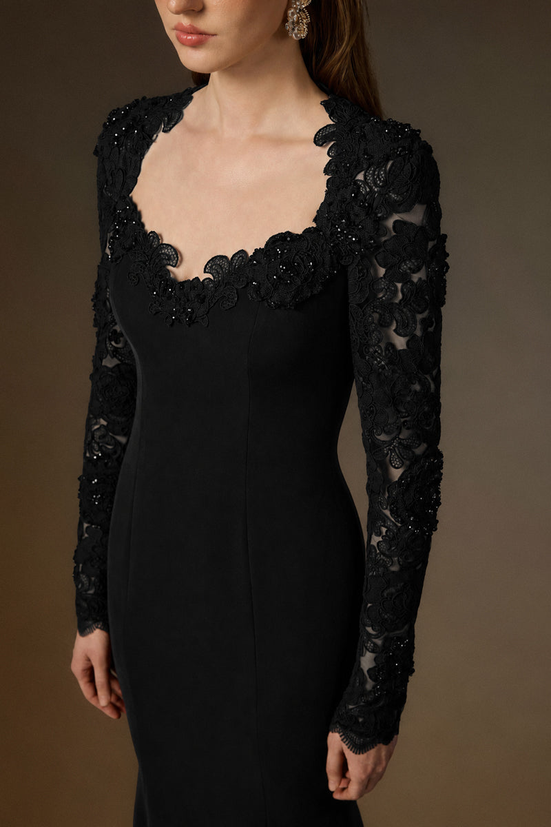 Trapeze Neck Mermaid Gown With Mullet Details In Black Crepe And Floral Garden Mesh Lace