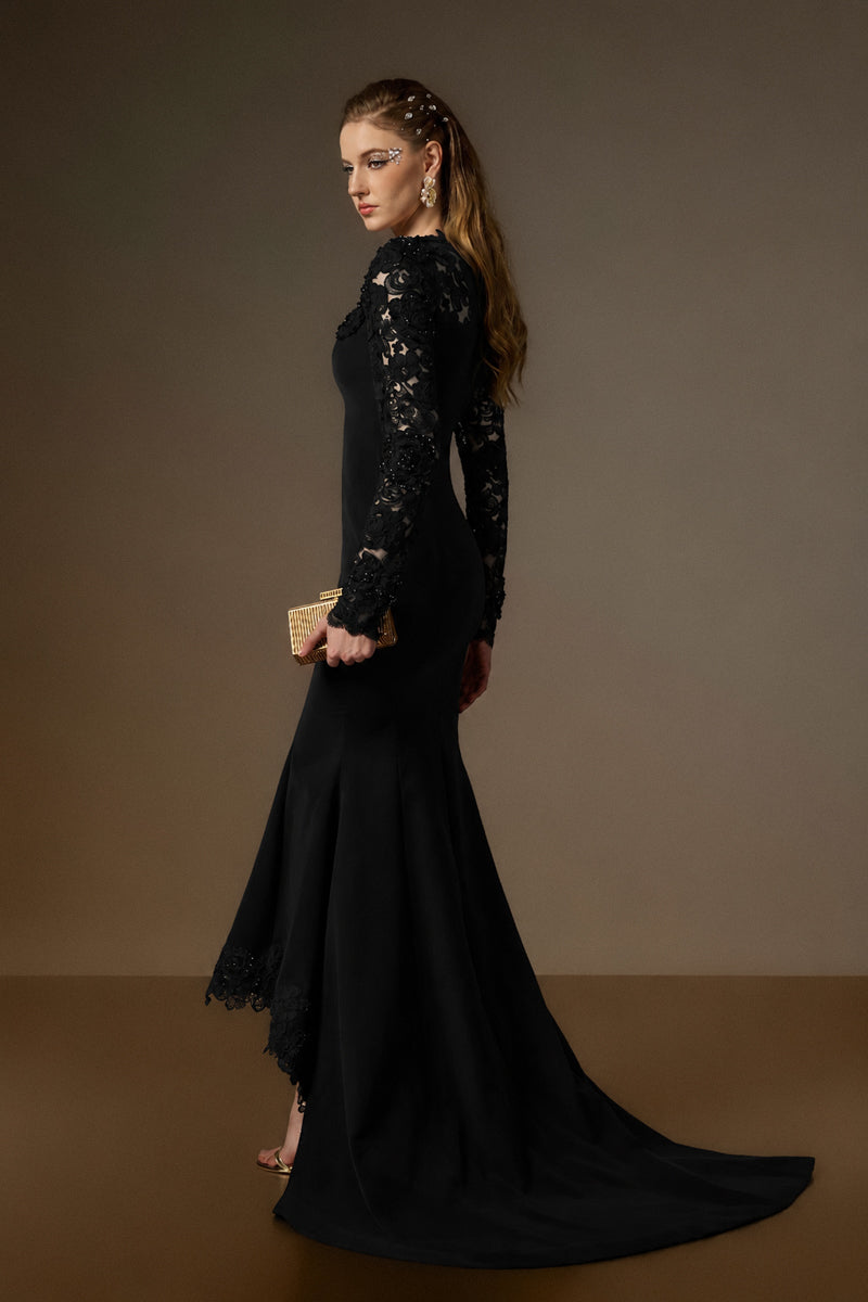 Trapeze Neck Mermaid Gown With Mullet Details In Black Crepe And Floral Garden Mesh Lace