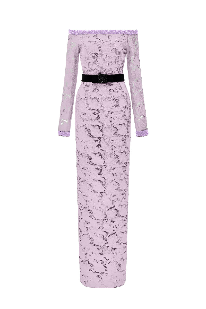 Long Sleeves Off-Shoulder Column Gown
