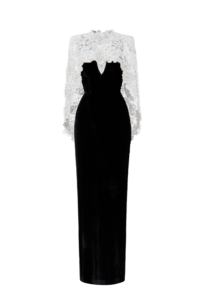 V Neck Column Gown With Mullet Cape In Black Velvet An White Floral Garden Mesh Lace