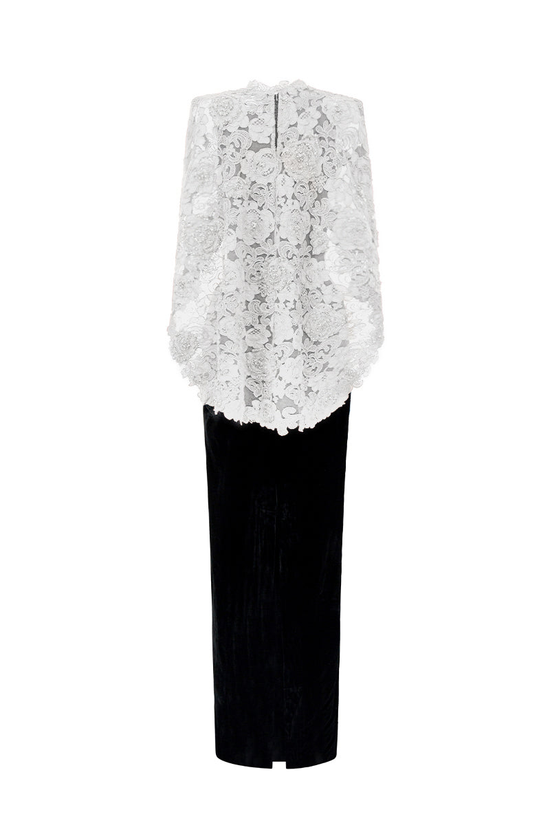 V Neck Column Gown With Mullet Cape In Black Velvet An White Floral Garden Mesh Lace