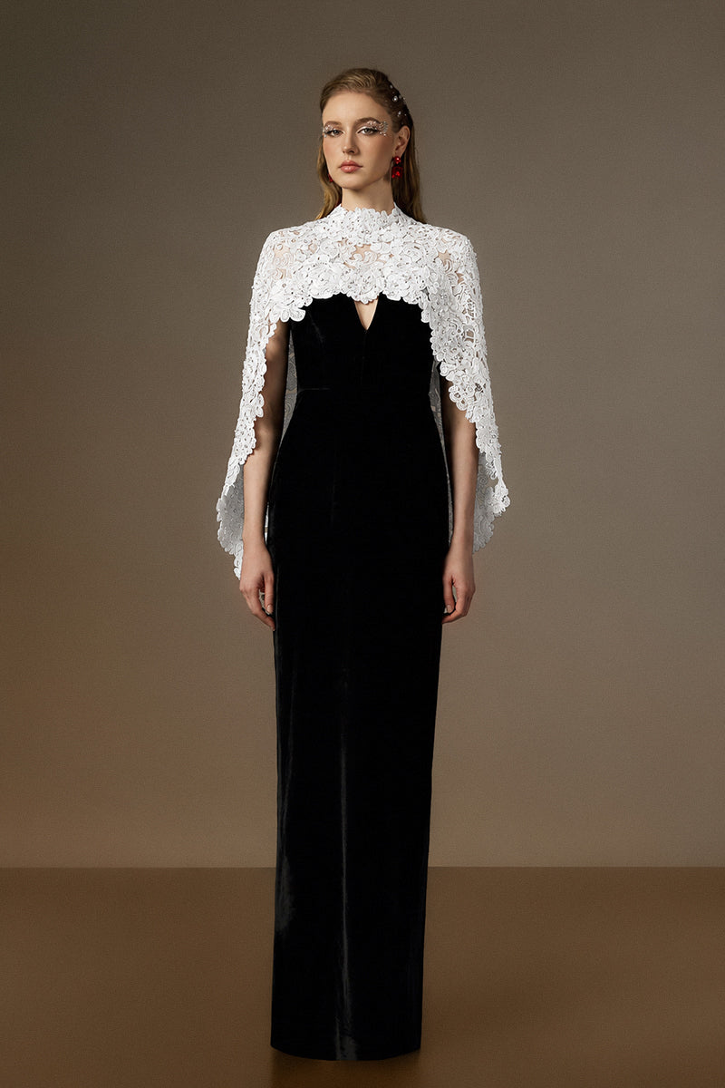 V Neck Column Gown With Mullet Cape In Black Velvet An White Floral Garden Mesh Lace