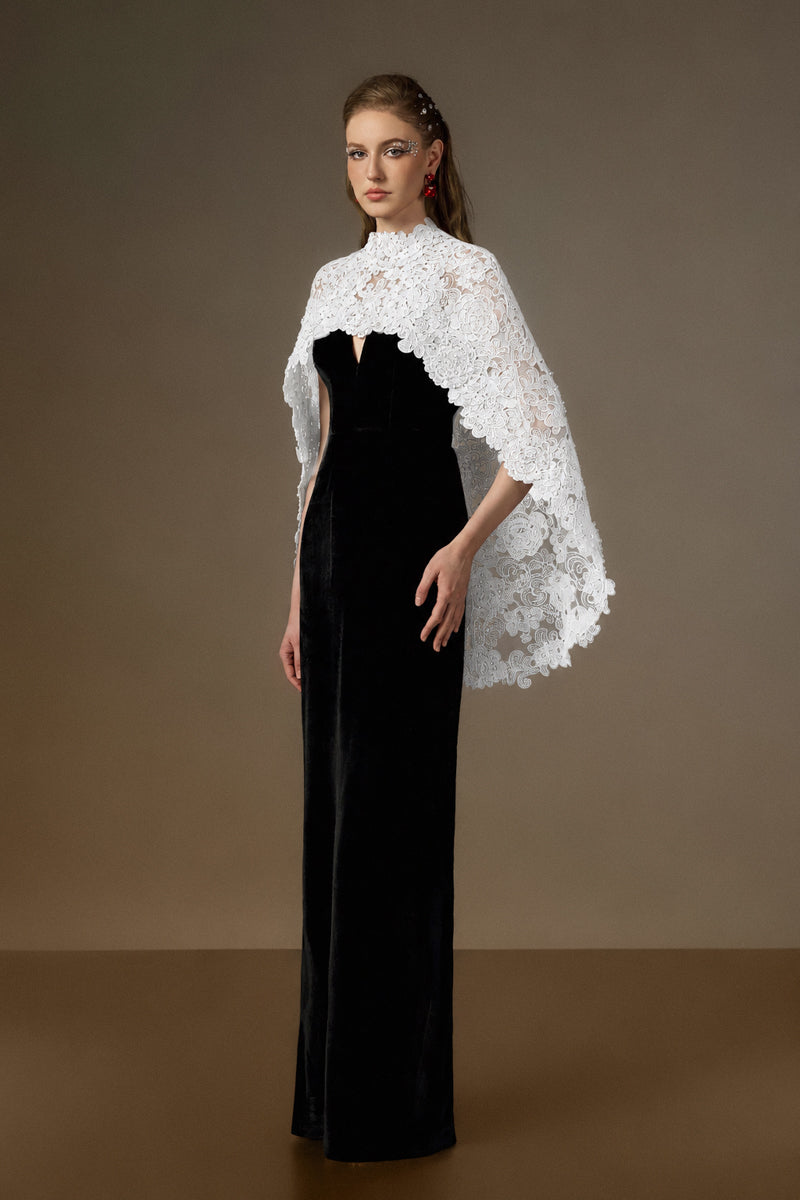 V Neck Column Gown With Mullet Cape In Black Velvet An White Floral Garden Mesh Lace