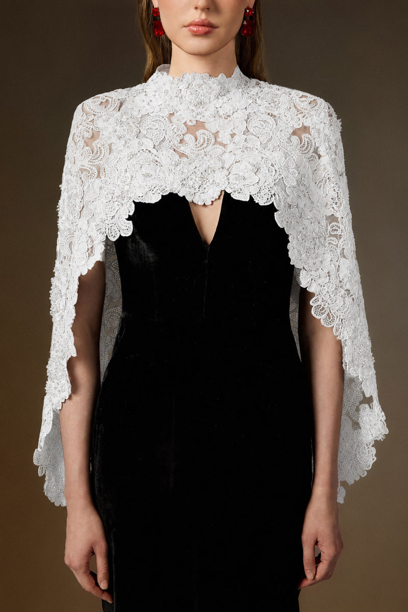 V Neck Column Gown With Mullet Cape In Black Velvet An White Floral Garden Mesh Lace