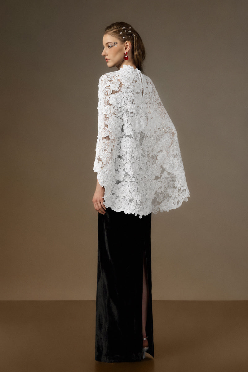 V Neck Column Gown With Mullet Cape In Black Velvet An White Floral Garden Mesh Lace