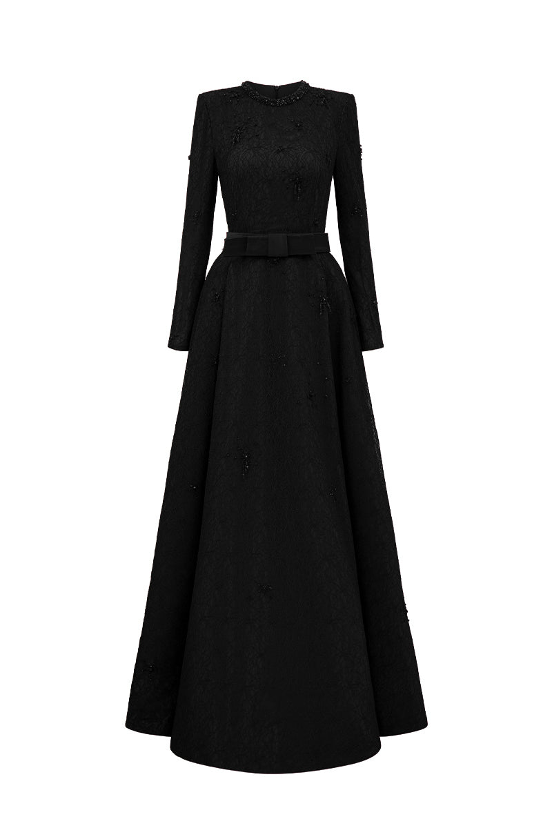 Round Neck A-Line Gown With Red Crystal Embellishments In Black Vine Guipure Lace
