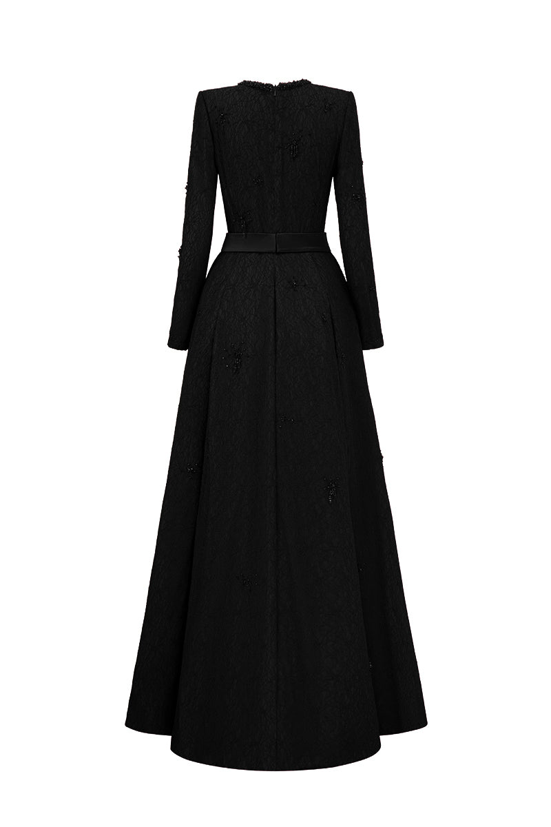 Round Neck A-Line Gown With Red Crystal Embellishments In Black Vine Guipure Lace