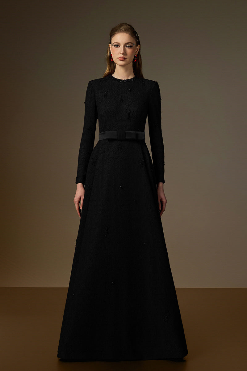 Round Neck A-Line Gown With Red Crystal Embellishments In Black Vine Guipure Lace
