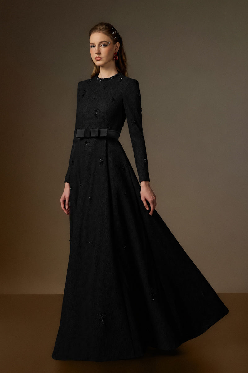 Round Neck A-Line Gown With Red Crystal Embellishments In Black Vine Guipure Lace
