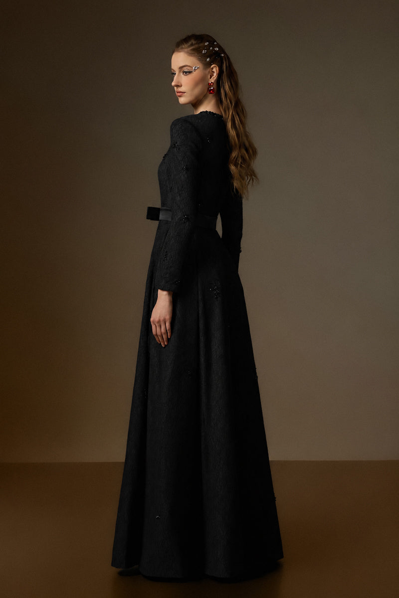Round Neck A-Line Gown With Red Crystal Embellishments In Black Vine Guipure Lace