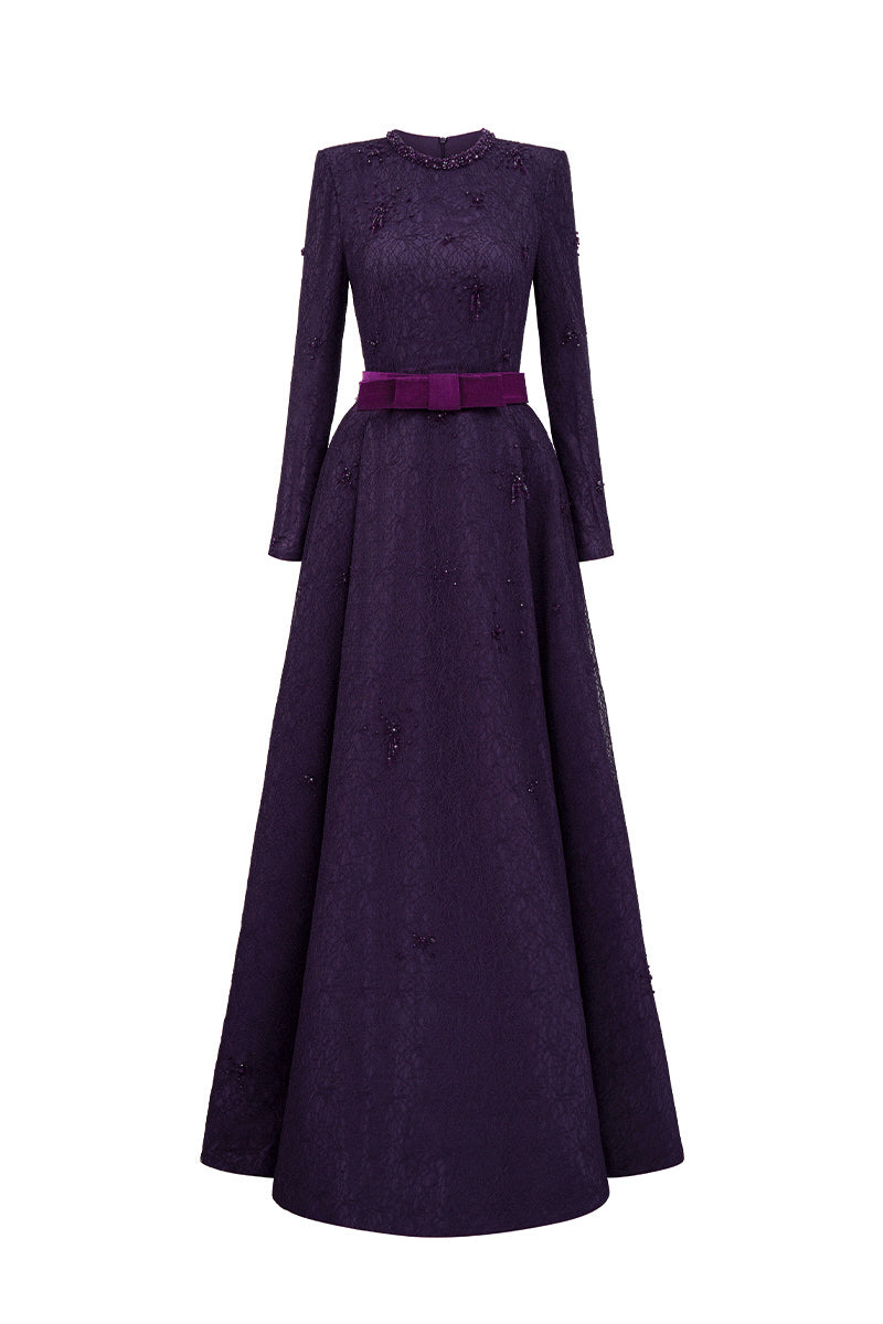 Round Neck A-Line Gown With Red Crystal Embellishments In Purple Vine Guipure Lace
