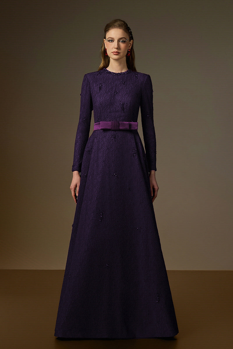 Round Neck A-Line Gown With Red Crystal Embellishments In Purple Vine Guipure Lace