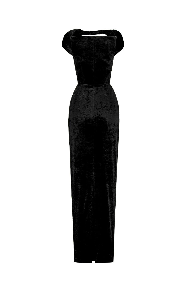 Round Neck Short Sleeve Gown With Draped Details In Black Velvet