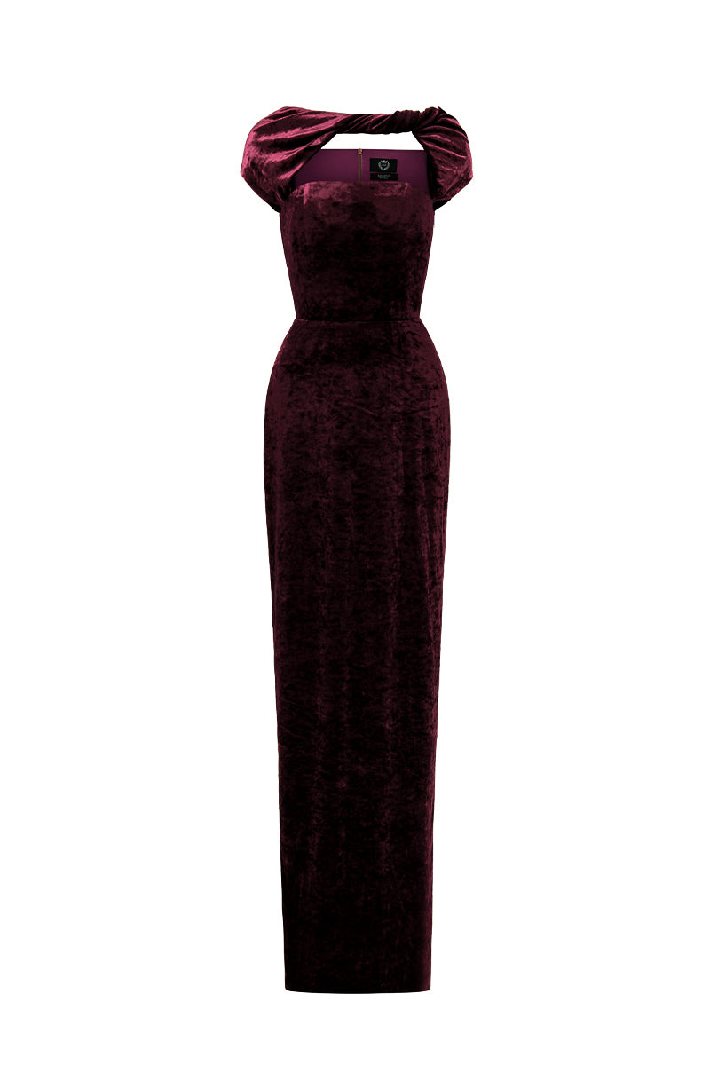 Round Neck Short Sleeve Gown With Draped Details In Dark Pink Velvet