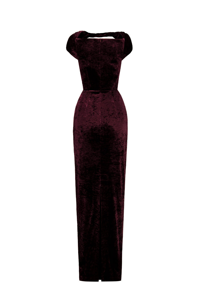 Round Neck Short Sleeve Gown With Draped Details In Dark Pink Velvet