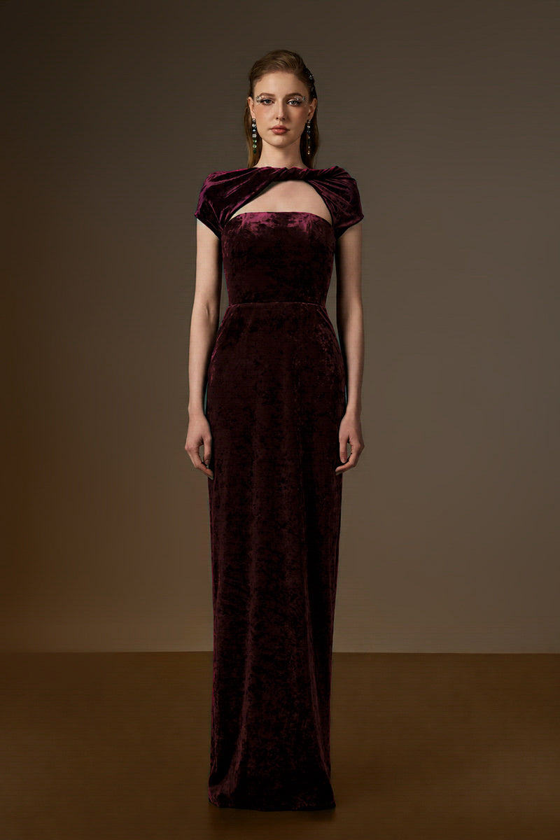 Round Neck Short Sleeve Gown With Draped Details In Dark Pink Velvet