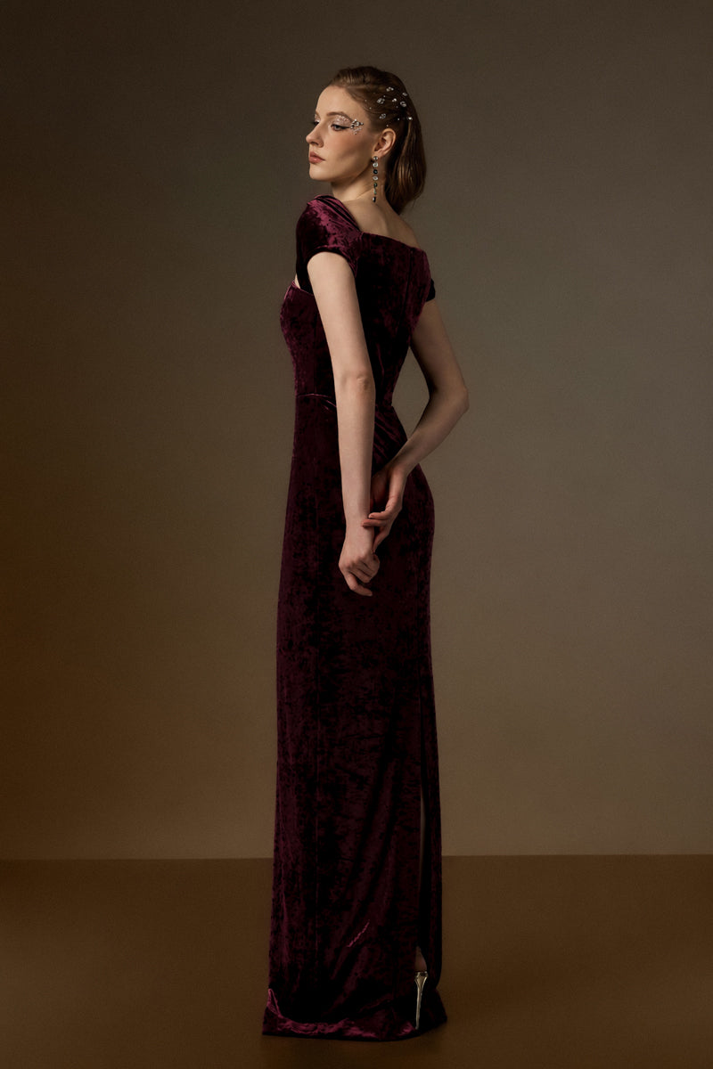 Round Neck Short Sleeve Gown With Draped Details In Dark Pink Velvet