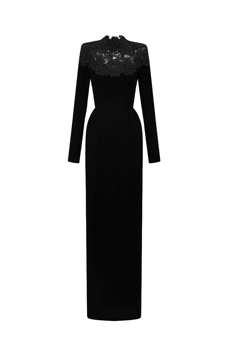 Round Neck Column Gown With Black Crystal Embellishments In Black Crepe And Black Floral Garden Lace