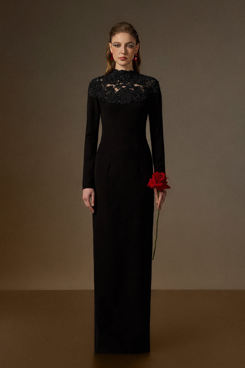Round Neck Column Gown With Black Crystal Embellishments In Black Crepe And Black Floral Garden Lace