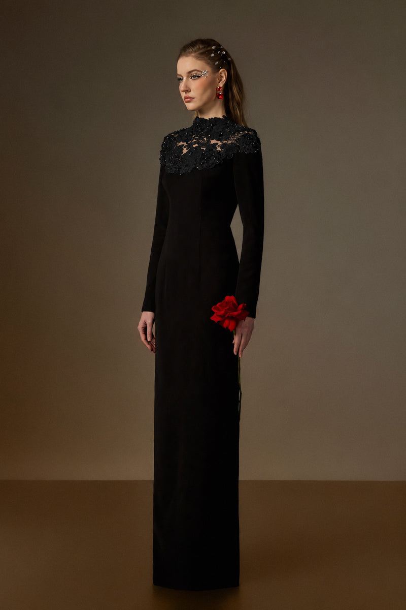 Round Neck Column Gown With Black Crystal Embellishments In Black Crepe And Black Floral Garden Lace