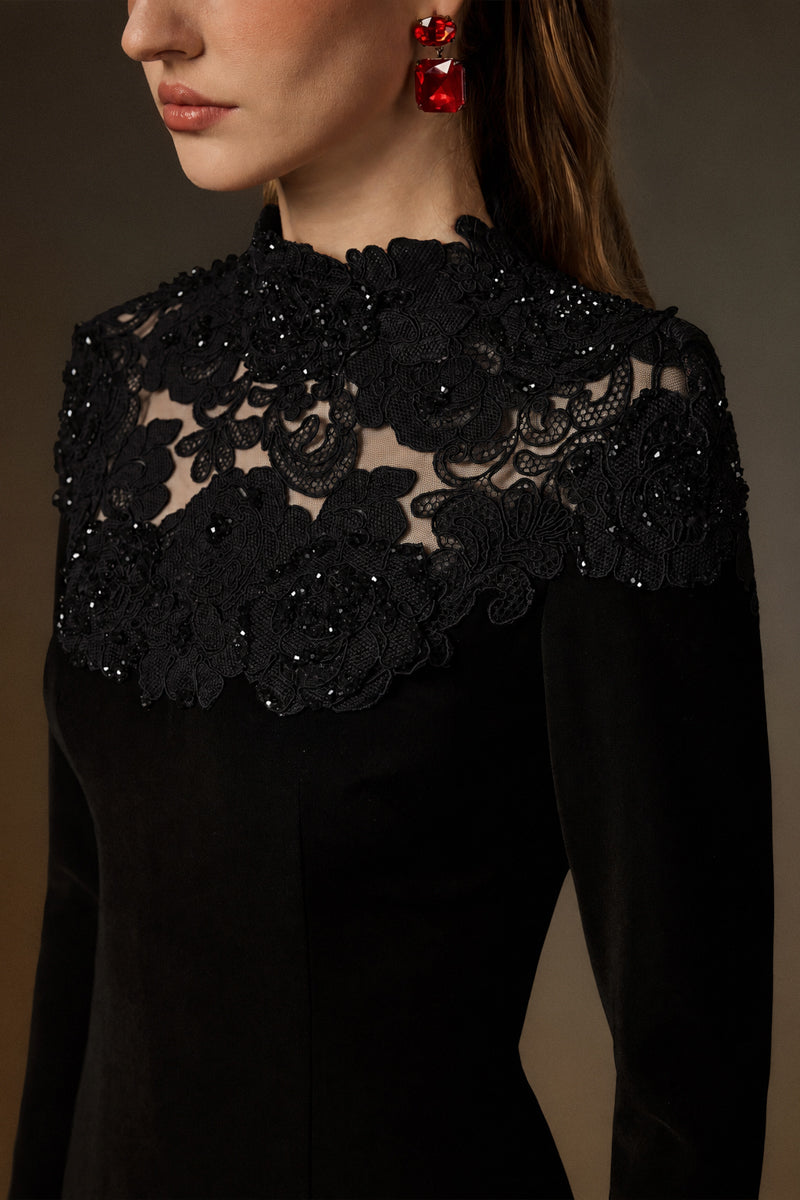 Round Neck Column Gown With Black Crystal Embellishments In Black Crepe And Black Floral Garden Lace