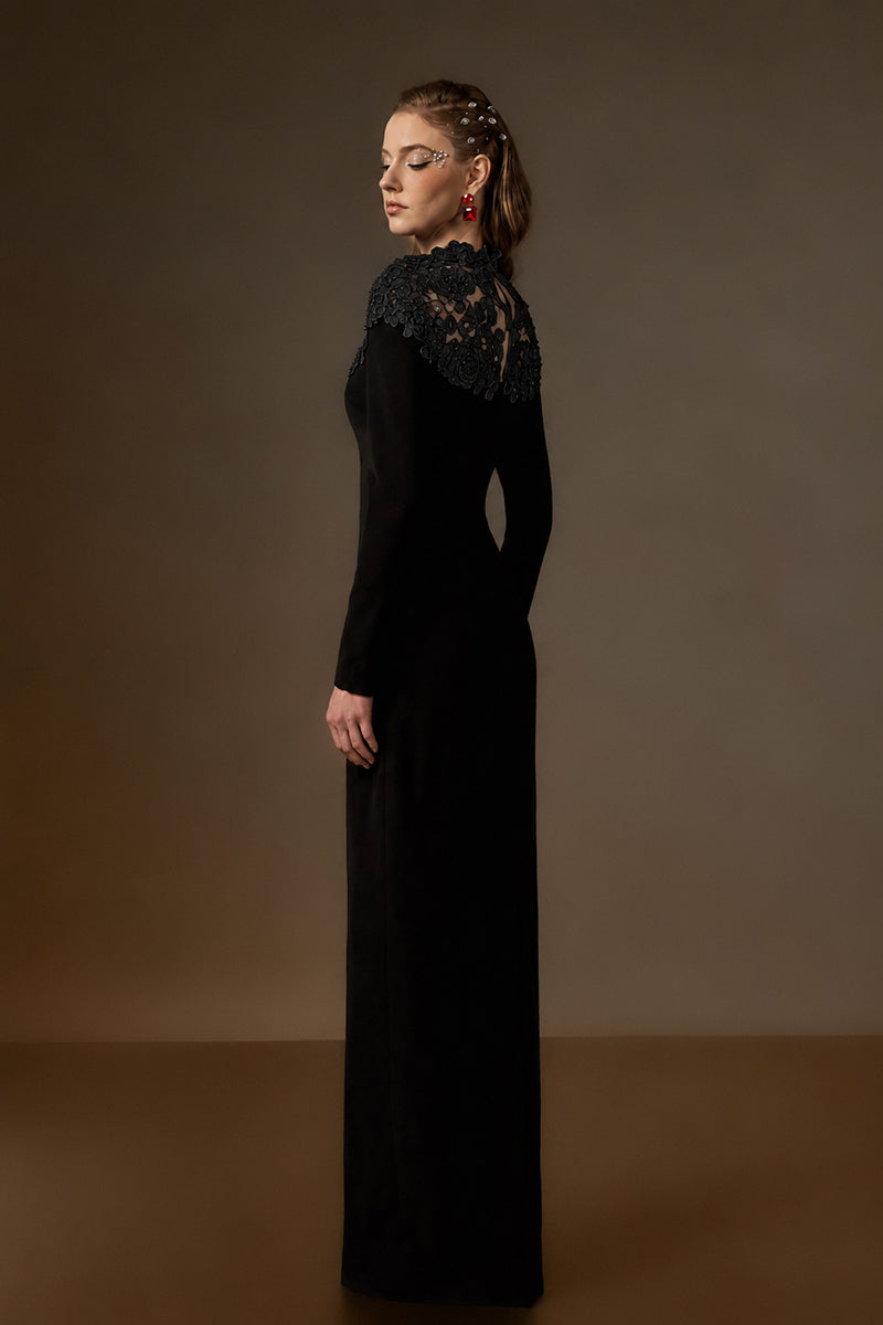 Round Neck Column Gown With Black Crystal Embellishments In Black Crepe And Black Floral Garden Lace