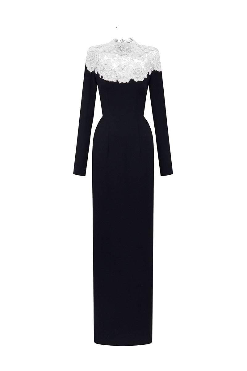Round Neck Column Gown With Crystal Embellishments In Black Crepe And White Floral Garden Lace