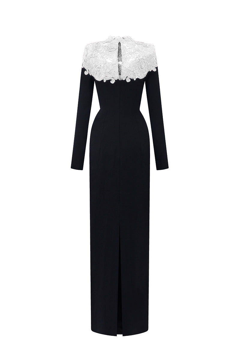 Round Neck Column Gown With Crystal Embellishments In Black Crepe And White Floral Garden Lace