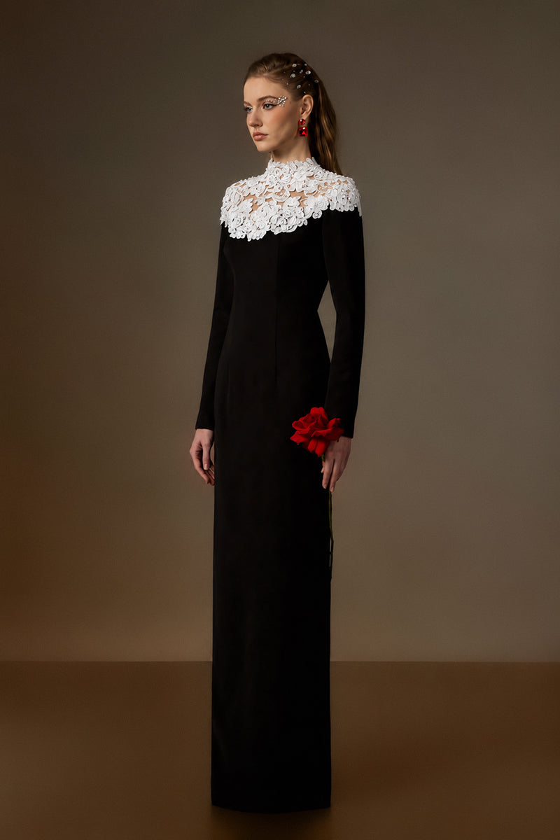 Round Neck Column Gown With Crystal Embellishments In Black Crepe And White Floral Garden Lace