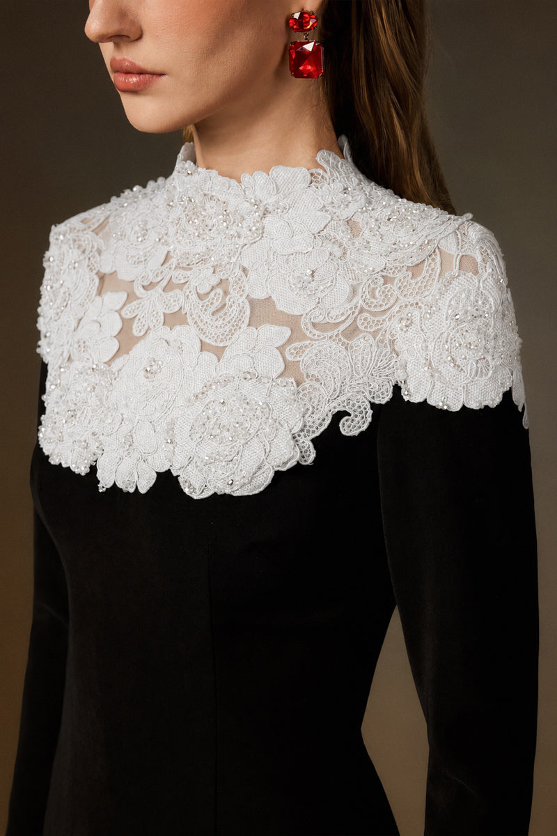 Round Neck Column Gown With Crystal Embellishments In Black Crepe And White Floral Garden Lace