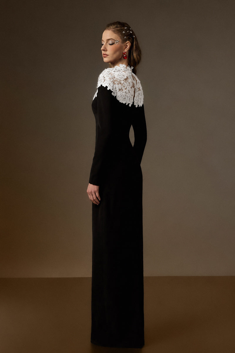 Round Neck Column Gown With Crystal Embellishments In Black Crepe And White Floral Garden Lace
