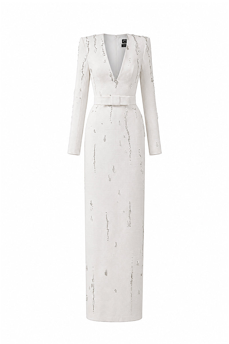 V Neck Column Gown With Flowing-Water Effect Embellishment In White Crepe
